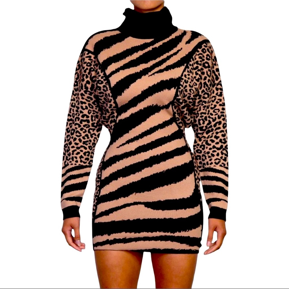 Animal Print Sweater Dress by Rehab Lab. Available in sizes S, M, L.